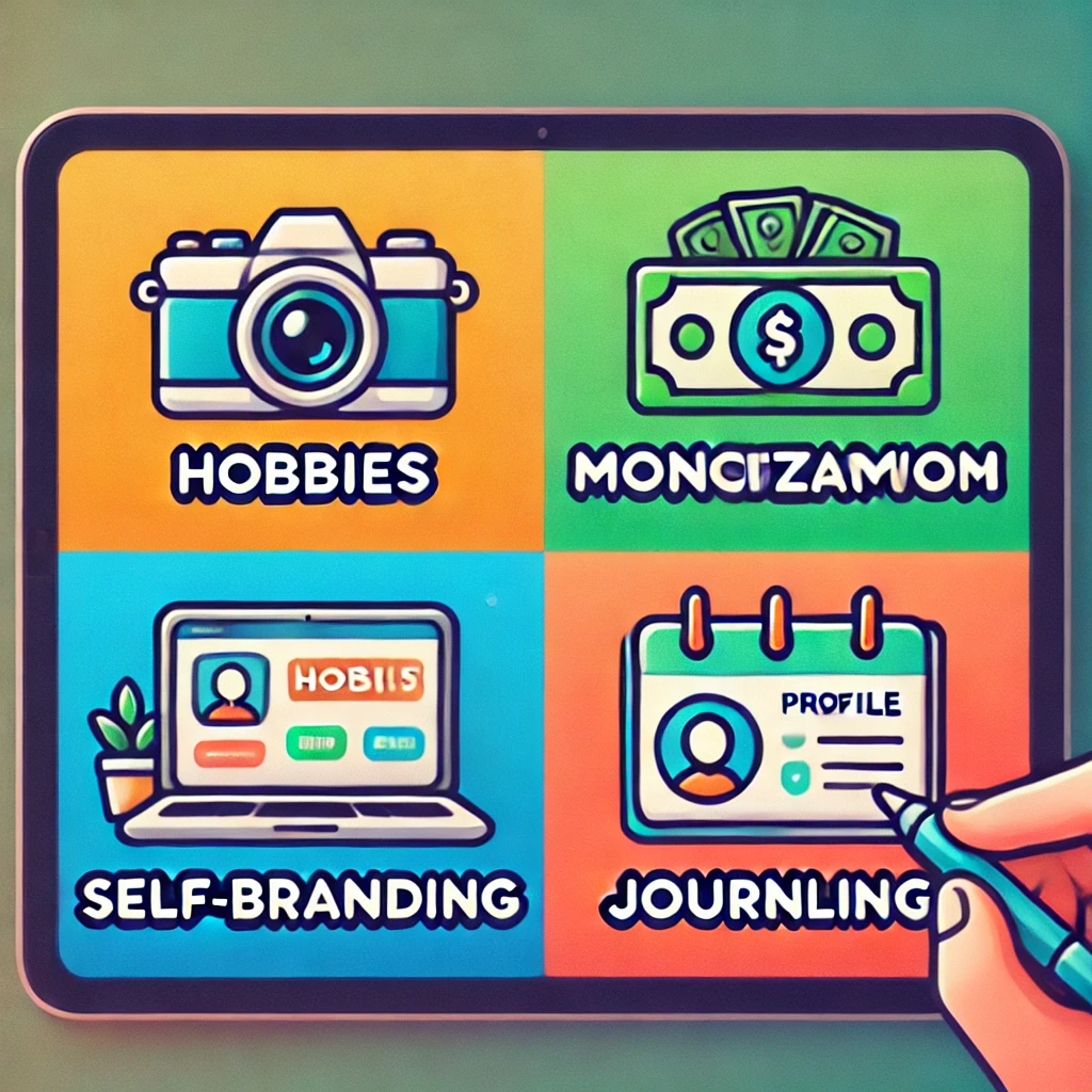 Dall·e 2024 11 22 15.41.01 An Image Representing The Four Main Purposes Of Blogging (hobbies, Monetization, Self Branding, And Journaling). Each Purpose Is Illustrated With Smal